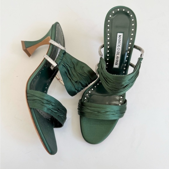Manolo Blahnik Dark Green Gathered Satin Chinap 70mm open toe mules EU 37.5 - Picture 7 of 12